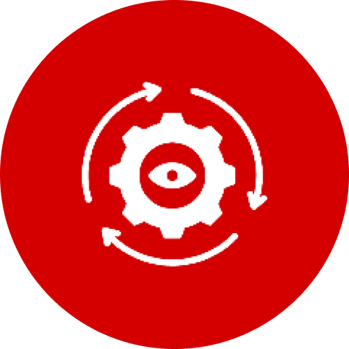 White gear with an eye inside on a red background, surrounded by circular arrows.