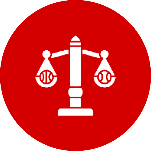 White justice scales icon on a red background symbolizing law and fairness.