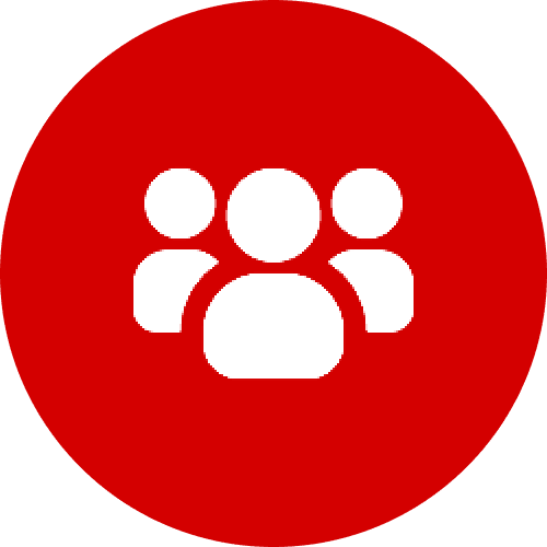 White group of three user icons on red background.